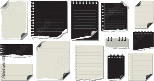 Collection of torn and ripped lined paper sheets in black and beige with curled corners and spiral binding holes for notes