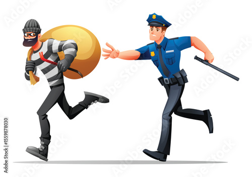 Police officer reaching out to catch a running robber with a bag of stolen goods. Vector cartoon illustration