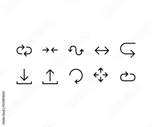 A set of minimalist arrow icons in various directions and styles. Includes curved arrows, bidirectional arrows, upload and download symbols, refresh and return indicators. Suitable for web design, mob
