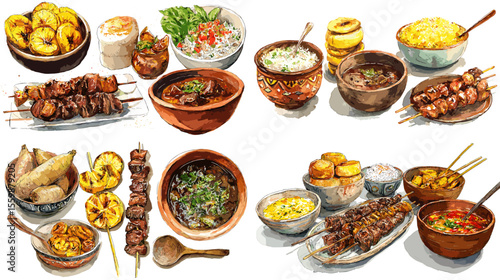 Delicious African food watercolor illustration featuring grilled meats, soups, and plantains in rustic bowls and plates. Great for culinary and culture visuals.

