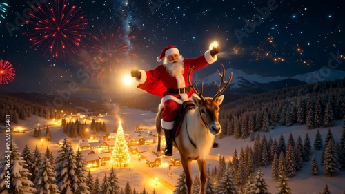 A man dressed as Santa Claus is riding a horse through a snowy forest