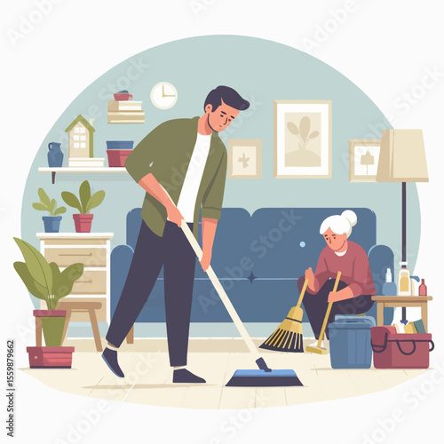 Young man and a senior woman cleaning a cozy living room together, doing household chores.