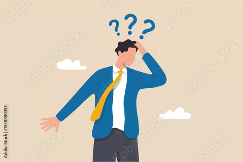 Confused businessman with question marks isolated on transparent background