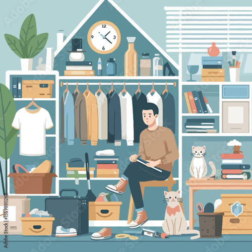 Young man sitting in his organized and well-stocked walk-in closet, surrounded by clothes, boxes, and two pet cats.