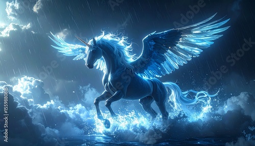 Majestic winged unicorn soaring through the sky amidst ethereal rain cloud elements