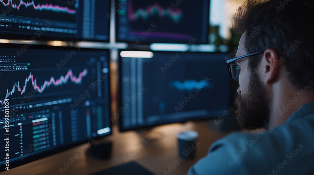 Trader analyzes stock market data on multiple monitors in a modern office environment during the day Trader analyzes stock market data on multiple monitors in a modern office environment during the day