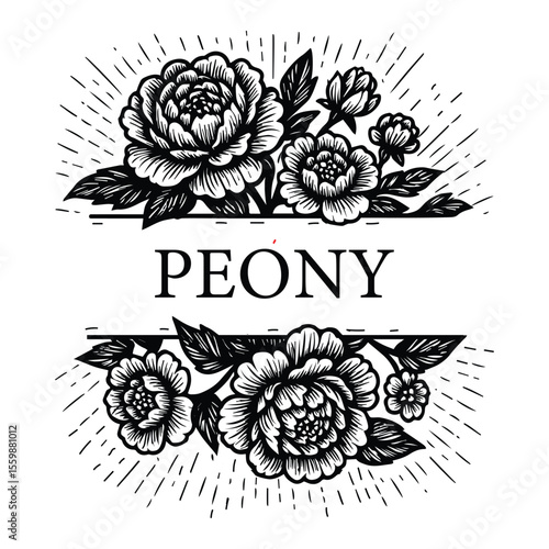 Peony Woodcut Floral Line Art ,Elegant Vintage Illustration for Packaging, Labels and Craft Design