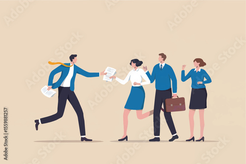 Business people running and exchanging documents isolated on transparent background