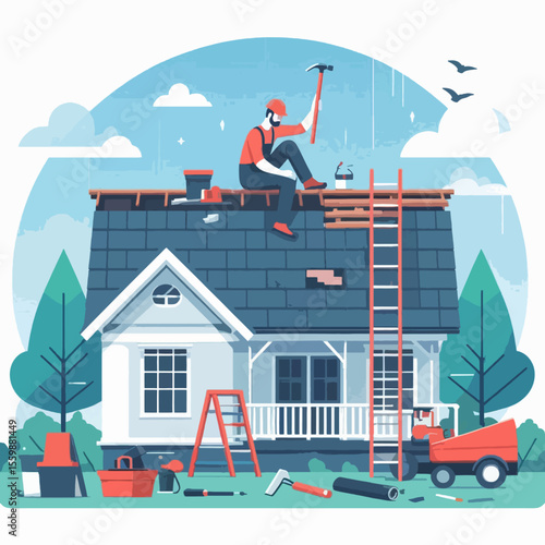 Illustration of a roofer working on a house roof with tools and ladders in the yard under a blue sky.