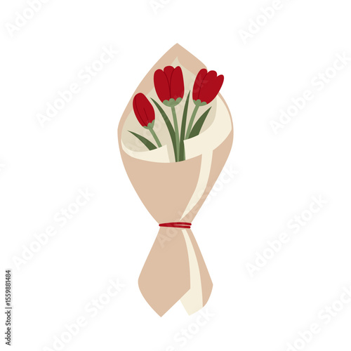 Bouquet with red tulips wrapped in kraft paper. Vector flat illustration of spring flowers. Floral clipart for greeting cards, posters, and invitations.