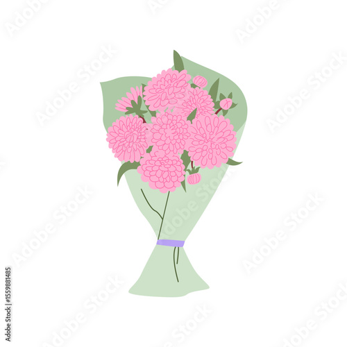 Bouquet with white elegant pink flowers and leaves. Vector flat illustration of dahlias wrapped in light green paper. Floral clipart for wedding decor, holiday cards, and invitations