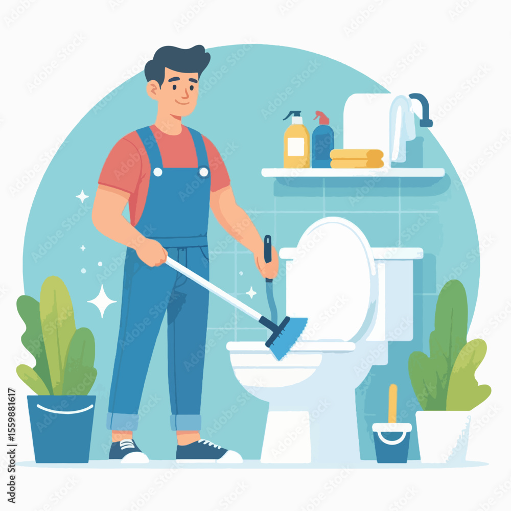 Fototapeta premium A smiling man in blue overalls and a red shirt cleaning a white toilet with a brush in a tiled bathroom.