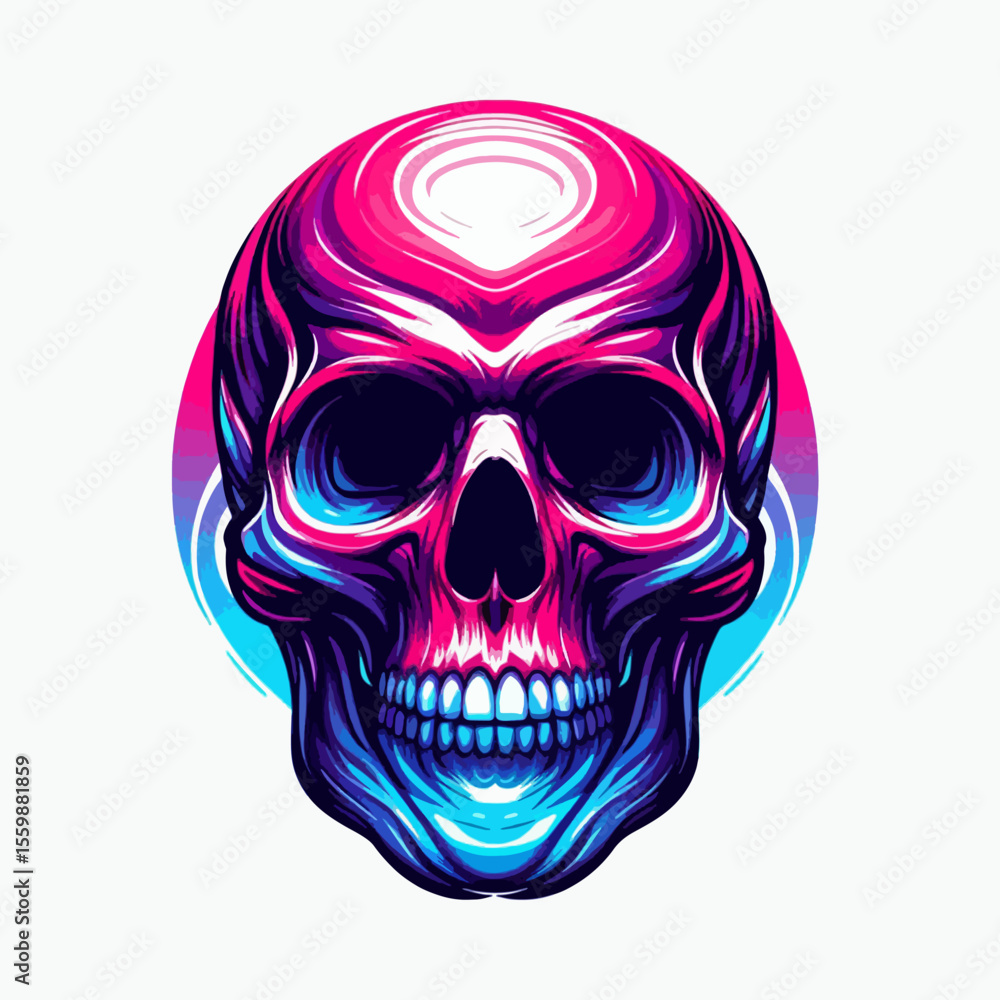 Fototapeta premium Vibrant neon-colored skull illustration with a modern graphic art style and gradient background.