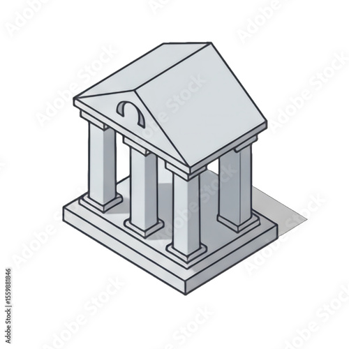 Isometric illustration of a classical building with columns and a triangular roof, casting a shadow.