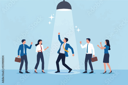 Business people celebrating success under spotlight isolated on transparent background