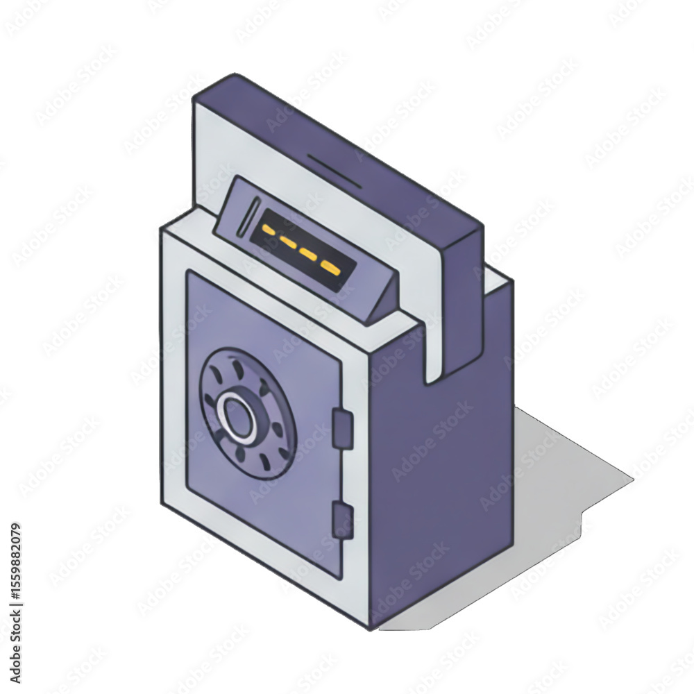 Isometric illustration of a security safe with a digital display. Isometric illustration of a security safe with a digital display.