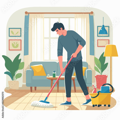 A man is diligently mopping the floor in a bright and tidy living room, performing household cleaning tasks.