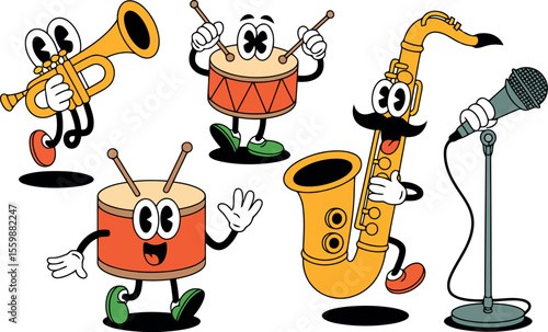 : This lively illustration features a collection of musical instrument characters, each with its own distinct personality, including cheerful faces, arms, and legs. 