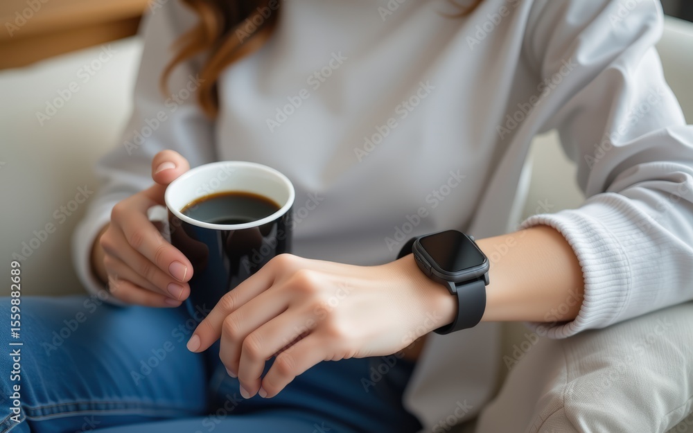 Coffee and blood pressure concept. A person enjoying coffee while wearing a smartwatch. Coffee and blood pressure concept. A person enjoying coffee while wearing a smartwatch.
