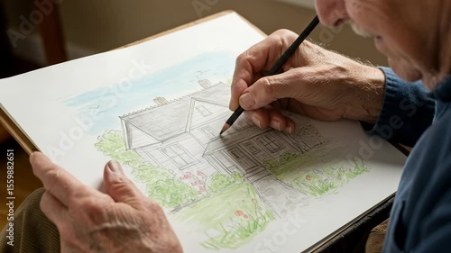 Elderly person drawing house illustration with pencil and colors