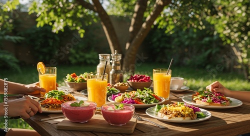 A wooden table laden with various dishes and drinks in an outdoor setting under a tree canopy