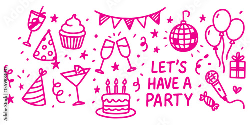 Party event or Birthday doodle icon element doodle hand drawn icon set. Outline drawing party, carnival celebration concept line clipart symbol collection. sketch birthday cake, balloon, decoration