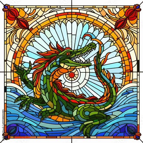 Vibrant stained glass illustration of a mythical green sea dragon or serpent with red accents, emerging from blue water under a stylized sky.