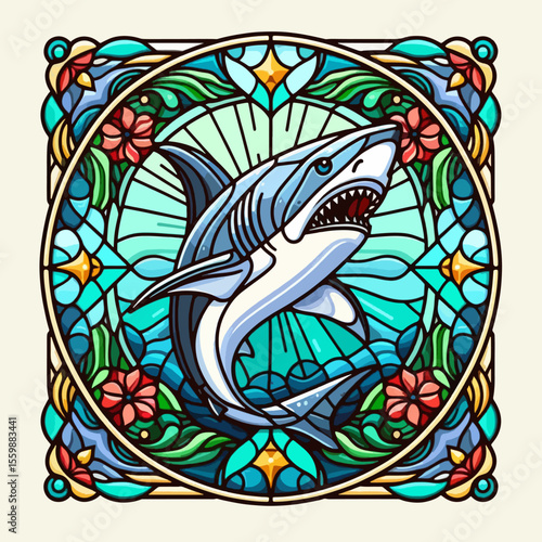 A vibrant stained glass illustration of a great white shark swimming amidst colorful floral and wave patterns, showcasing intricate details and bright hues.