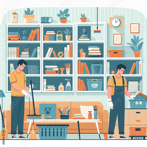 Two men from a professional cleaning service tidying and organizing a modern living room with large bookshelves.