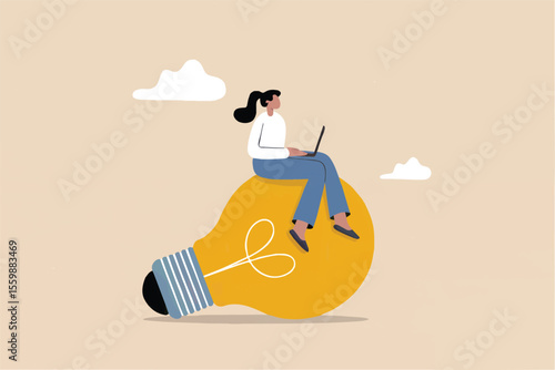 Flat cartoon vector illustration of a woman working on a laptop while sitting on a lightbulb isolated on transparent backgroun