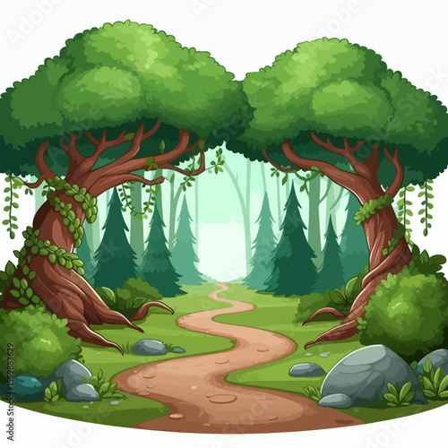 A winding dirt path leads through a lush, vibrant forest with large, ancient trees and dense green foliage.
