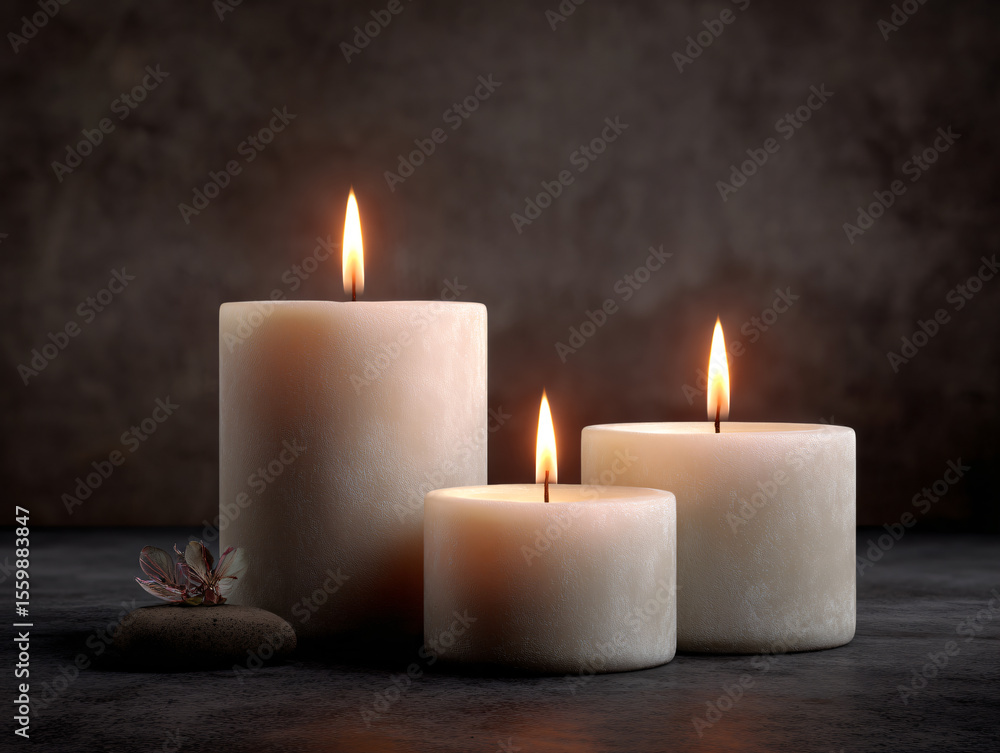 Three candles are lit, emanating a warm, inviting glow. The composition evokes a sense of peace and tranquility, perfect for contemplation or a serene atmosphere. Three candles are lit, emanating a warm, inviting glow. The composition evokes a sense of peace and tranquility, perfect for contemplation or a serene atmosphere.