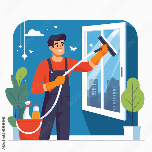 A man in overalls and gloves cleaning a window with a squeegee, with cleaning supplies nearby and a city view.