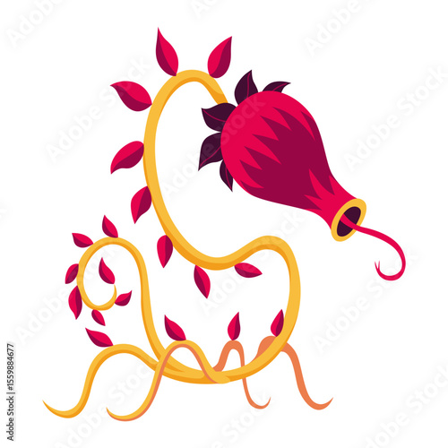 Carnivorous plant in fantasy design. Cartoon flytrap in pot, plant monster. Vector flower predator with teeth isolated on white background
