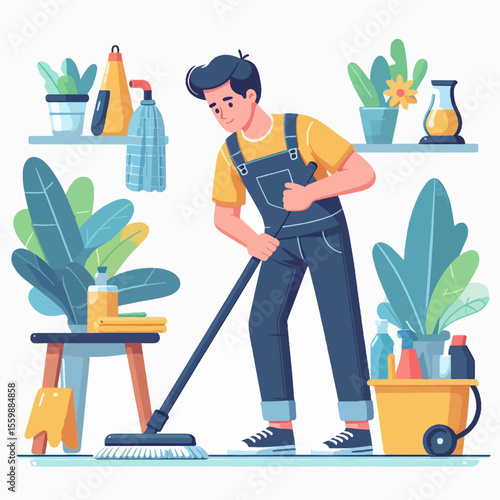 A young man in overalls diligently mopping the floor, surrounded by cleaning supplies and houseplants in a clean room.