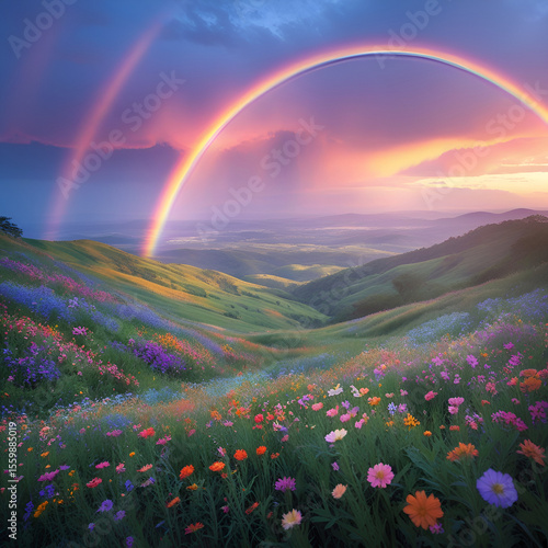 Magical Rainbow Over Blooming Hills at Sunset