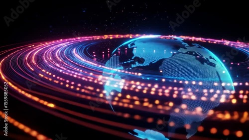Abstract glowing earth with encircling light trails