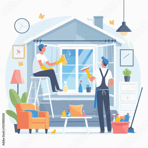 Two men cleaning windows in a house, one on a ladder, with cleaning supplies.