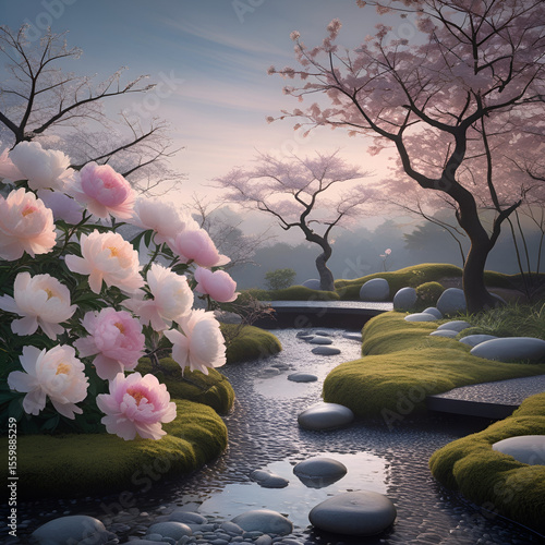 Tranquil Japanese Garden with Blooming Cherry Blossoms and Pebble Stream