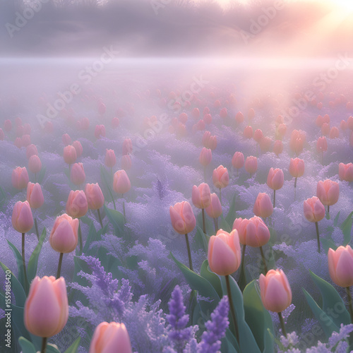 Dreamy Sunrise Over a Blooming Tulip and Lavender Field