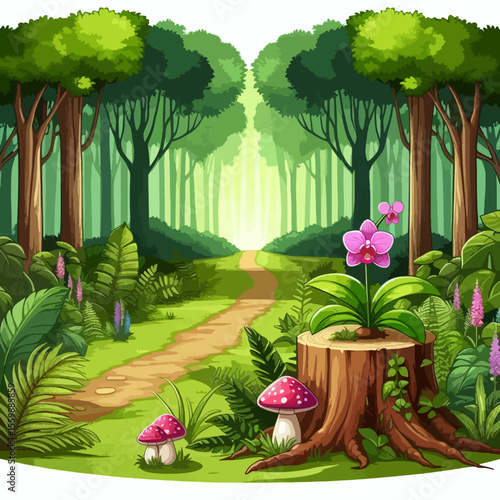 Whimsical cartoon forest path with lush green trees, ferns, pink orchids on a stump, and red spotted mushrooms, creating a vibrant and inviting natural scene.