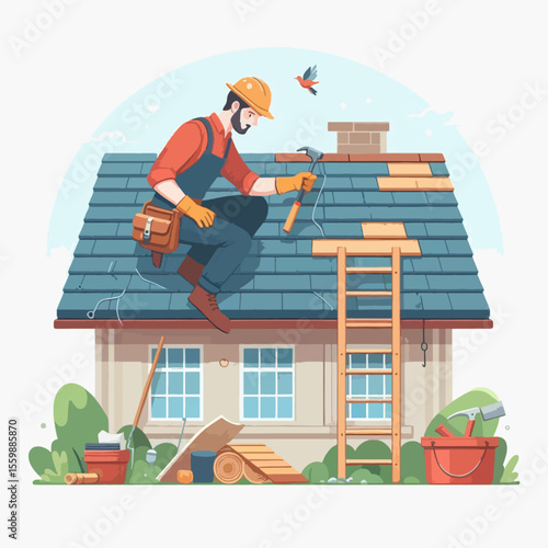 A roofer in protective gear meticulously repairs a damaged roof, with tools and materials laid out nearby.