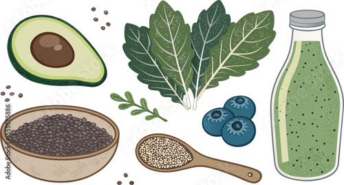Flat Icon Set of Healthy Superfoods Avocado, Kale, Chia Seeds, Blueberries, and Smoothie Bottle in Minimal Style on White Background.