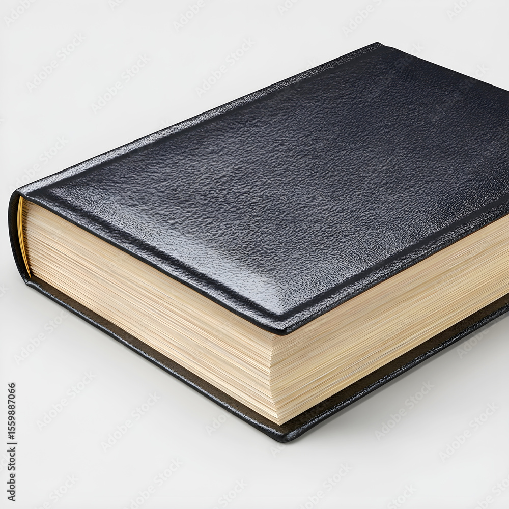 Obraz premium A closed black hardcover book with thick aged paper pages and a textured cover