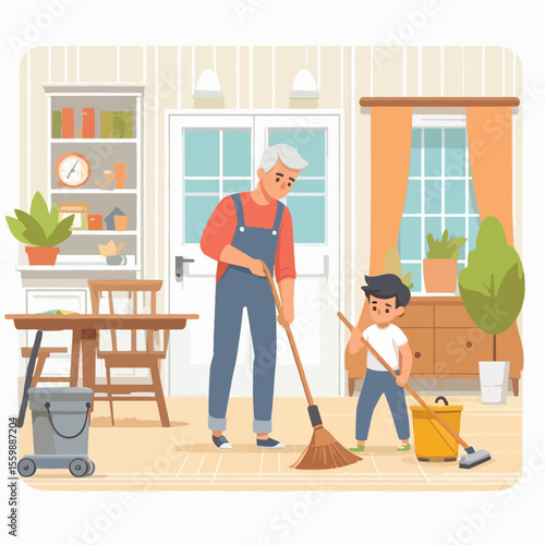 Grandfather and grandson sweeping the floor together in a room.