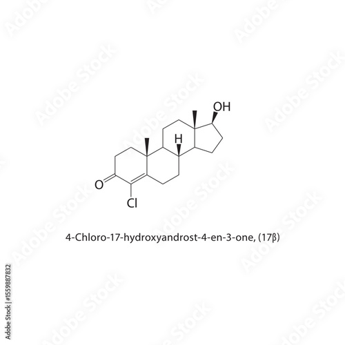 4-Chloro-17-hydroxyandrosten-3-one skeletal structure. Steroid compound schematic illustration. Simple diagram, chemical formula.
