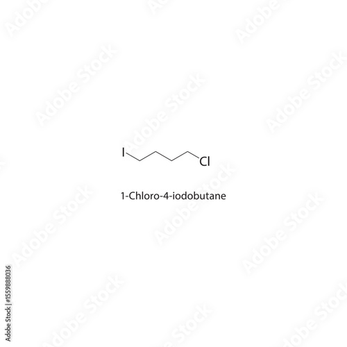 1-Chloro-4-iodobutane skeletal structure. Halogenated alkane compound schematic illustration. Simple diagram, chemical formula.