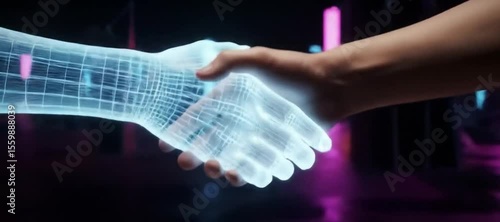 A digital handshake between a human and a futuristic, grid-like, glowing virtual representation, symbolizing connection