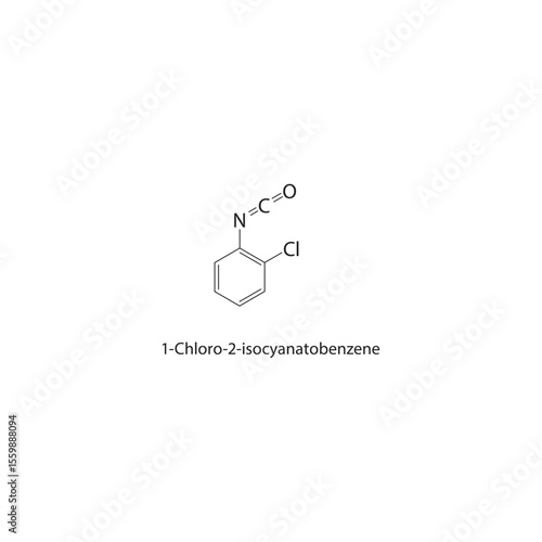 1-Chloro-2-isocyanatobenzene skeletal structure. Aromatic isocyanate compound schematic illustration. Simple diagram, chemical formula.