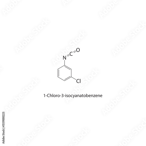 1-Chloro-3-isocyanatobenzene skeletal structure. Aromatic isocyanate compound schematic illustration. Simple diagram, chemical formula.